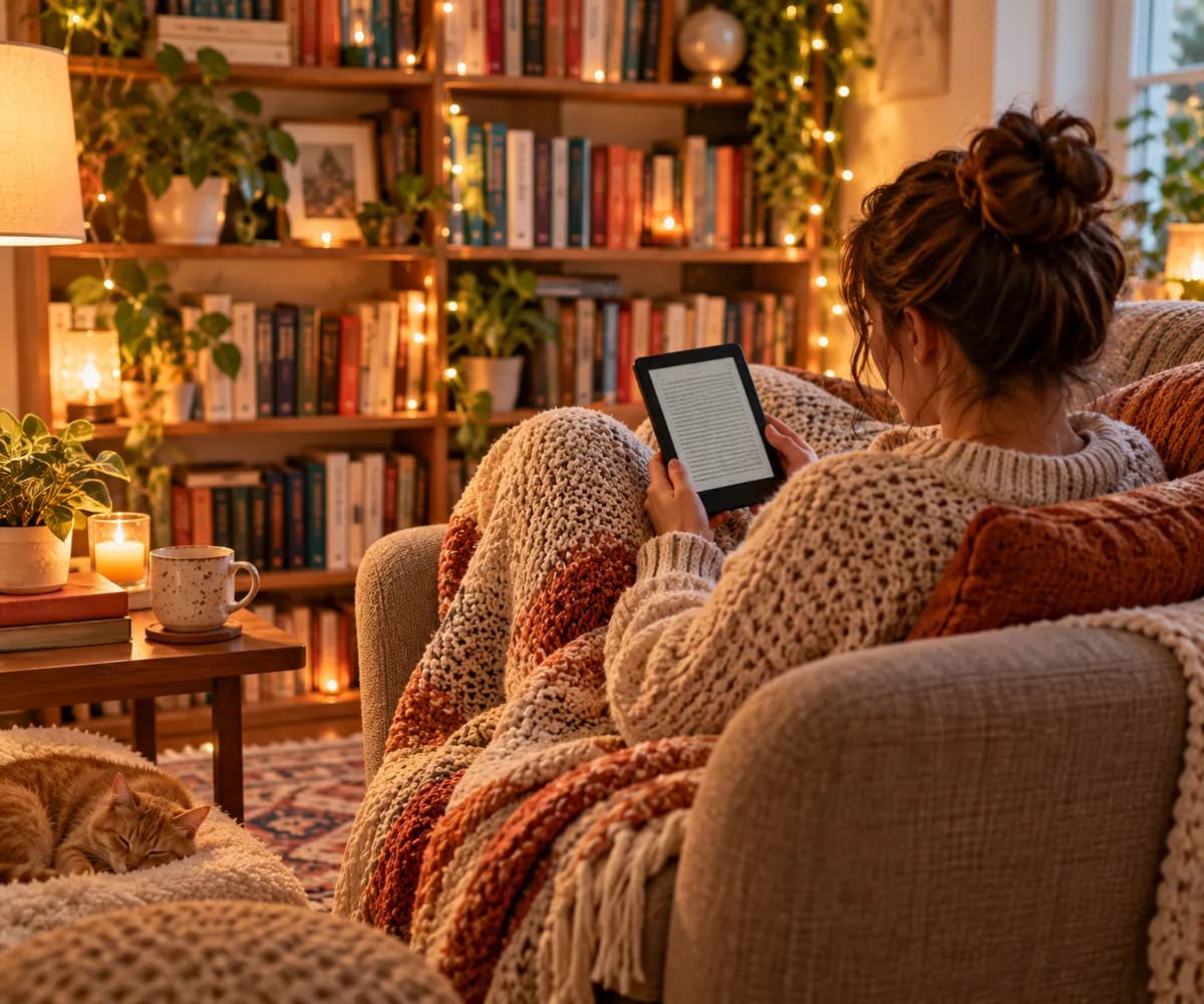 Person reading a Kindle in a cosy armchair with a bookshelf in the background, representing curated best free Kindle book picks